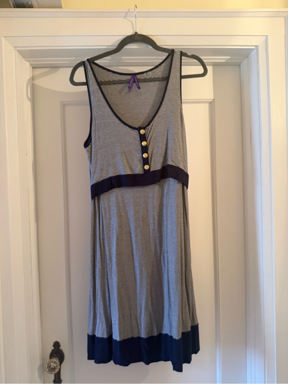 Striped Sleeveless Maternity and Nursing Button-Front Knit Dress with Navy Trim